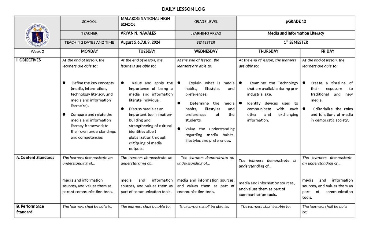 Media and Information Literacy Daily Lesson Log Week 2 - DAILY LESSON ...
