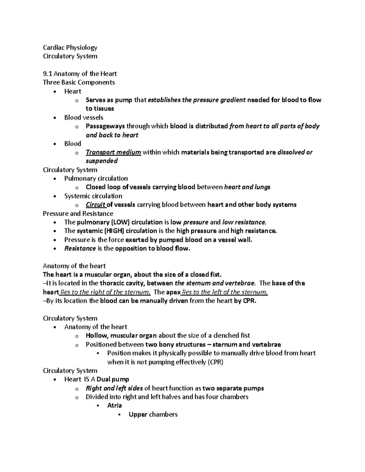 Cardiac Physiology Chapter 9 - Cardiac Physiology Circulatory System 9 ...