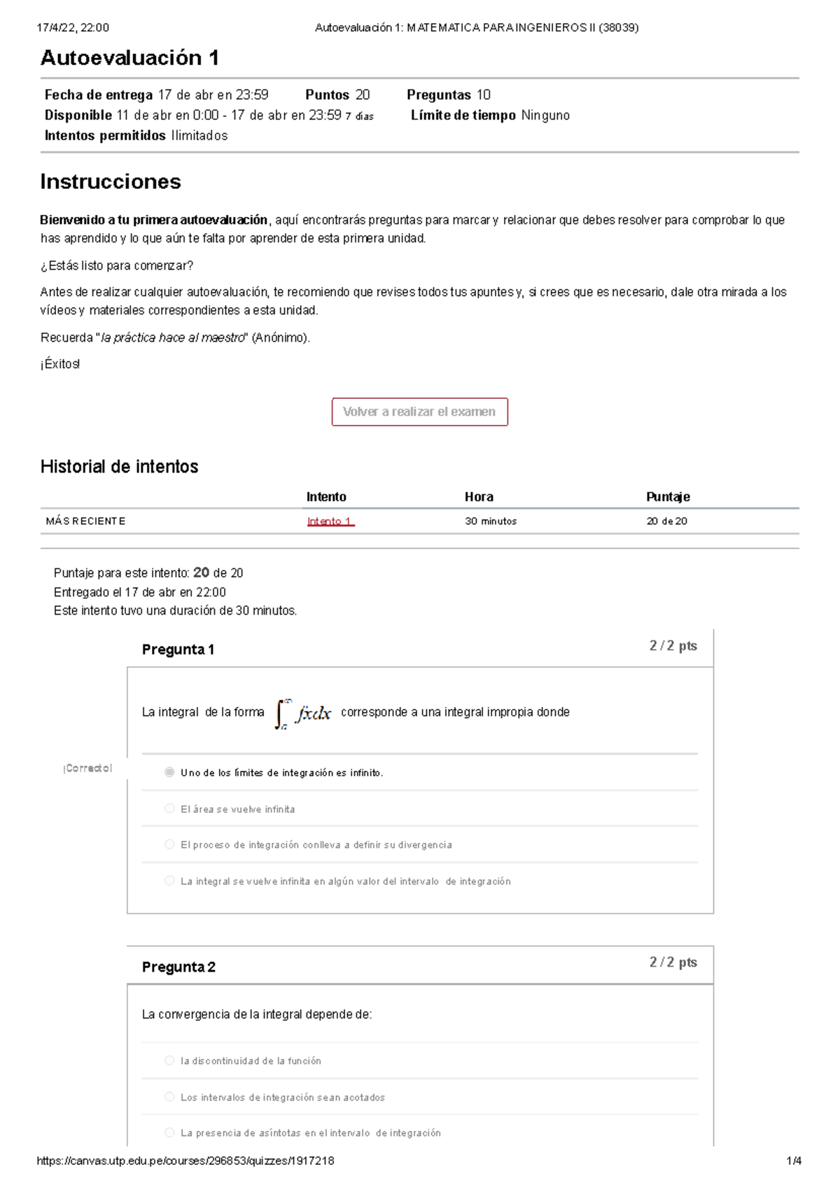 Autoevaluación 1 Matematica PARA Ingenieros II - Autoevaluación 1 Fecha ...