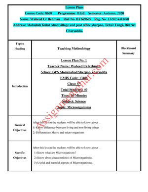 40 Lesson Plans - Nothing - 8608 MANUAL TEACHING PRACTICE Ll Name ...