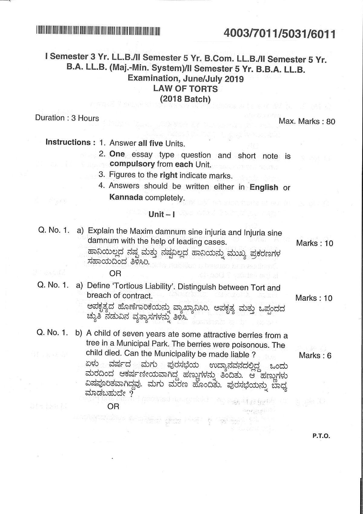 Question Paper Law of Torts 2018 - Llb 3 years - Studocu