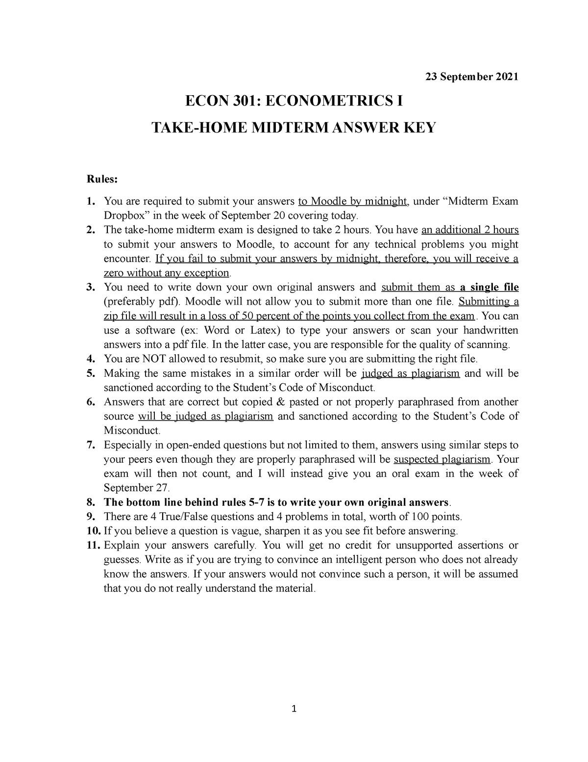 ECON 301 Midterm F2021 Answer Key - 23 September 2021 ECON 301 ...