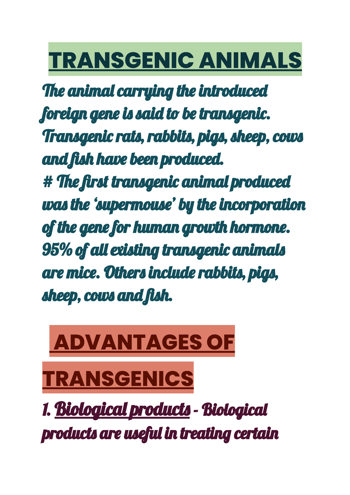 Transgenic Animals - TRANSGENIC ANIMALS anima carryin th introduce foreig  gen i sai t b transgeni. - Studocu