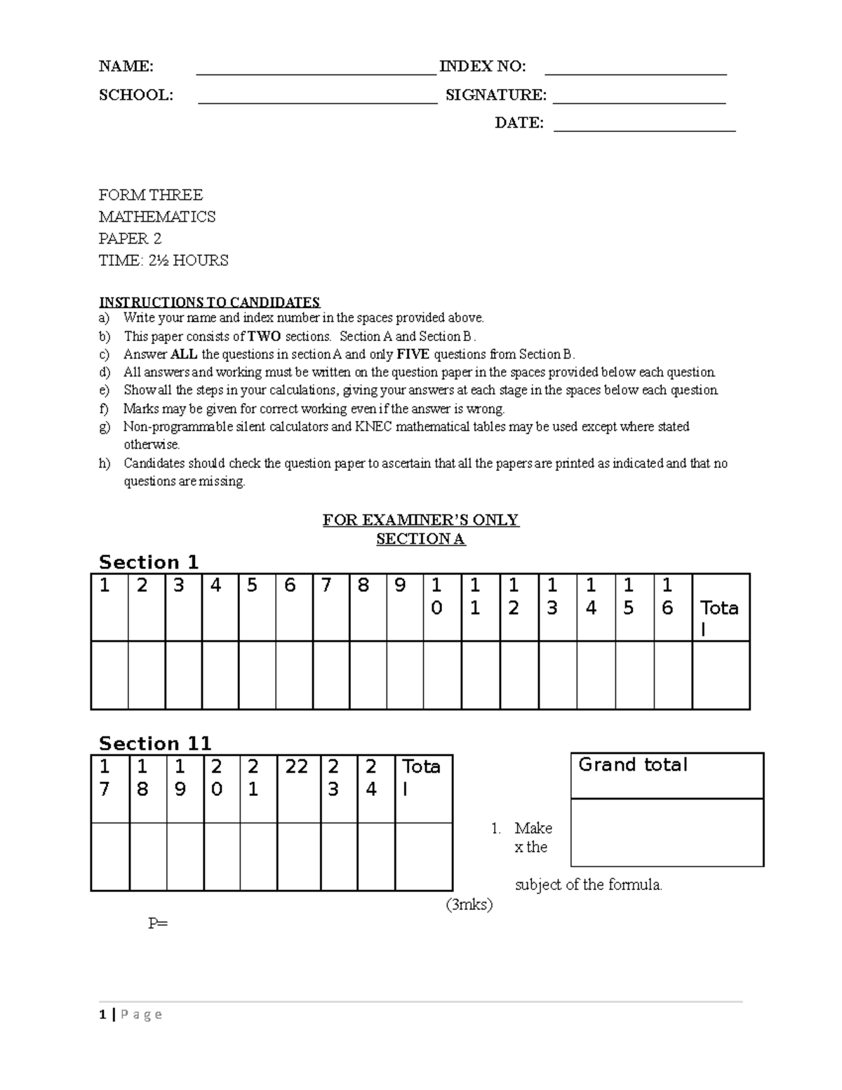 Maths PP2 QSTN F3 2021 TERM 3 - NAME ...