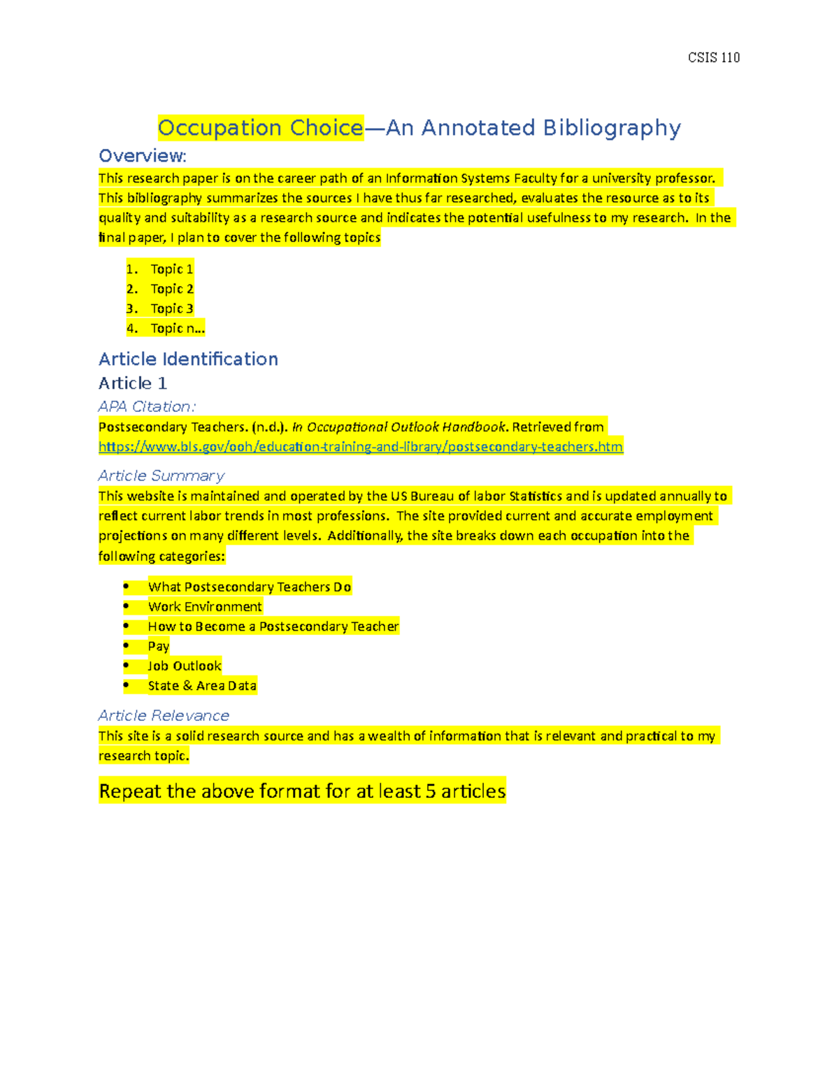 Research Paper Annotated Biblography Template CSIS 110 Occupation 