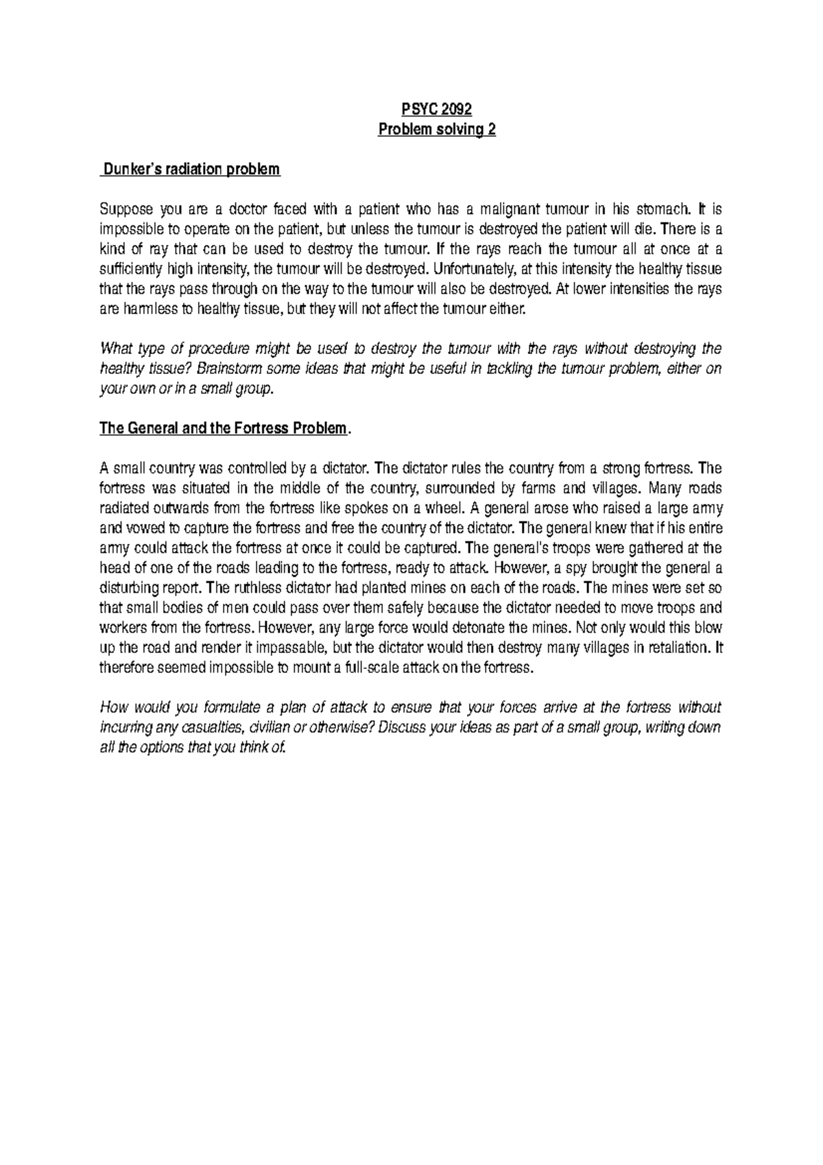 WK20 Problem Solving Worksheet 2 - PSYC 2092 Problem solving 2 Dunker’s ...
