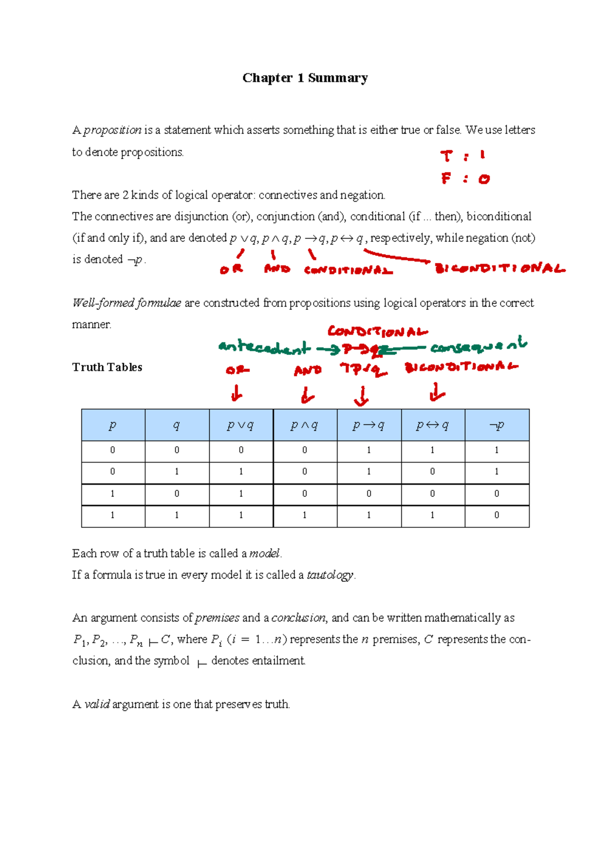 Lecture 1 Summary A Annotated - Chapter 1 Summary A proposition is a ...