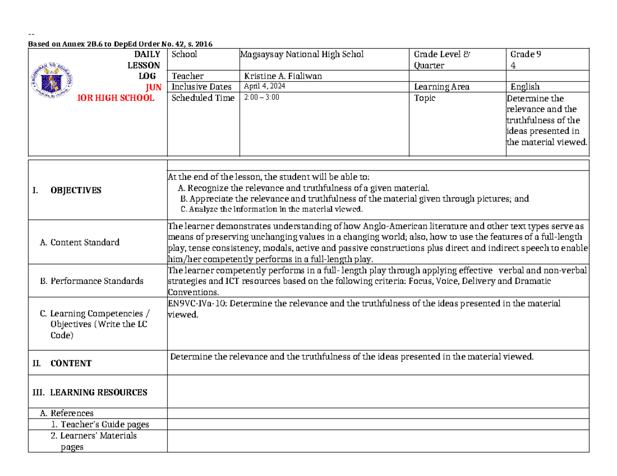 DLL-template-2 - Lecture Notes - Based On Annex 2B To DepEd Order No ...