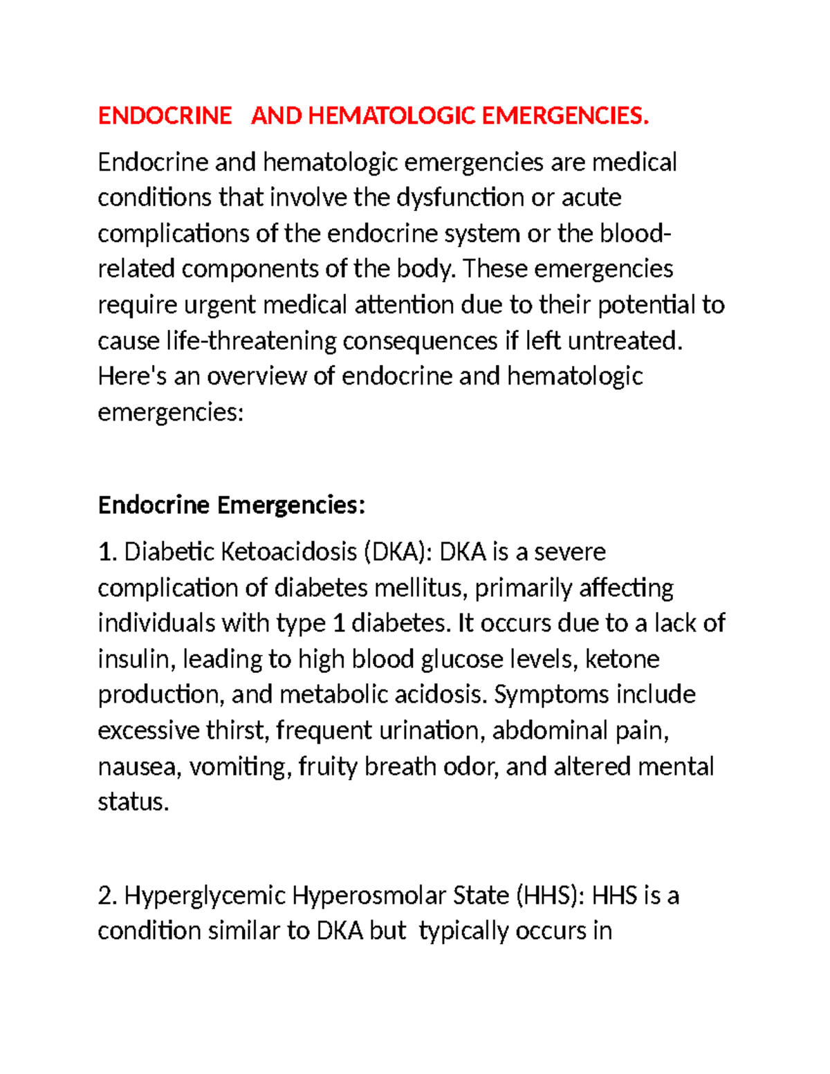 MEDICAL EMERGENCIES NOTES FOR CLINICAL MEDICINE STUDENTS - ENDOCRINE ...