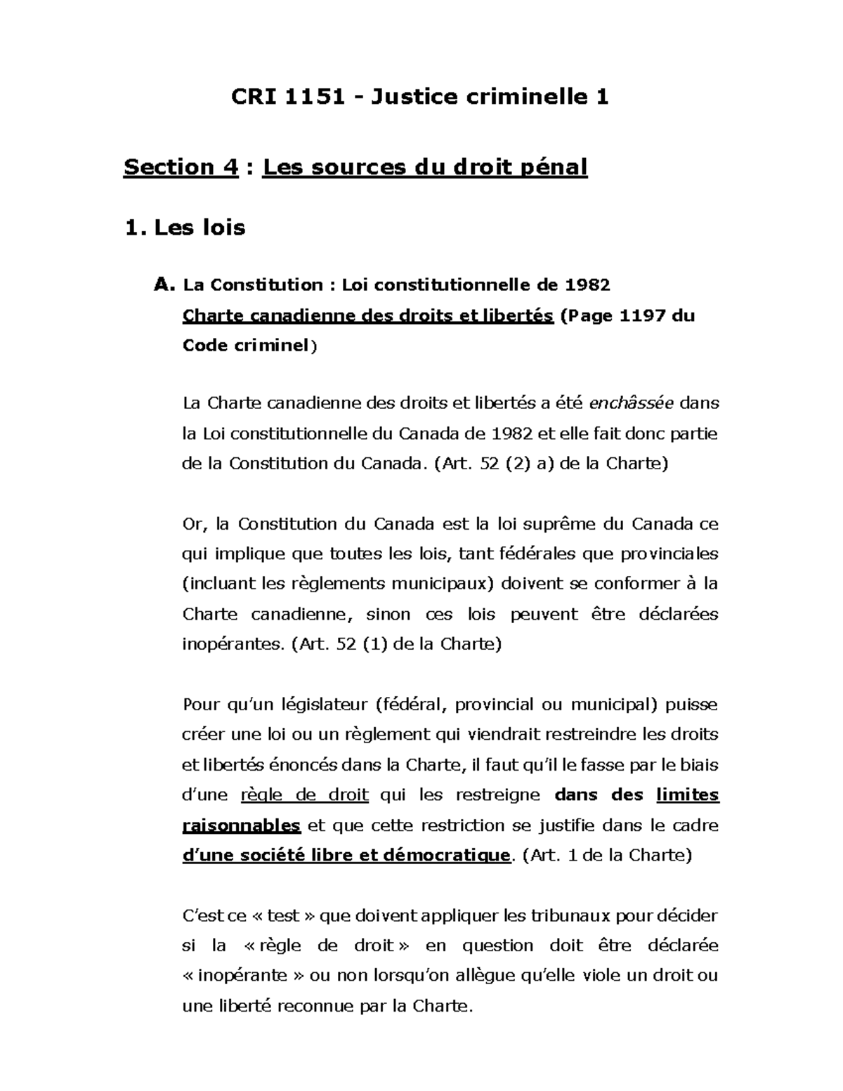 Cours 4 - Les sources du droit pénal - CRI 1151 - Justice criminelle 1 ...