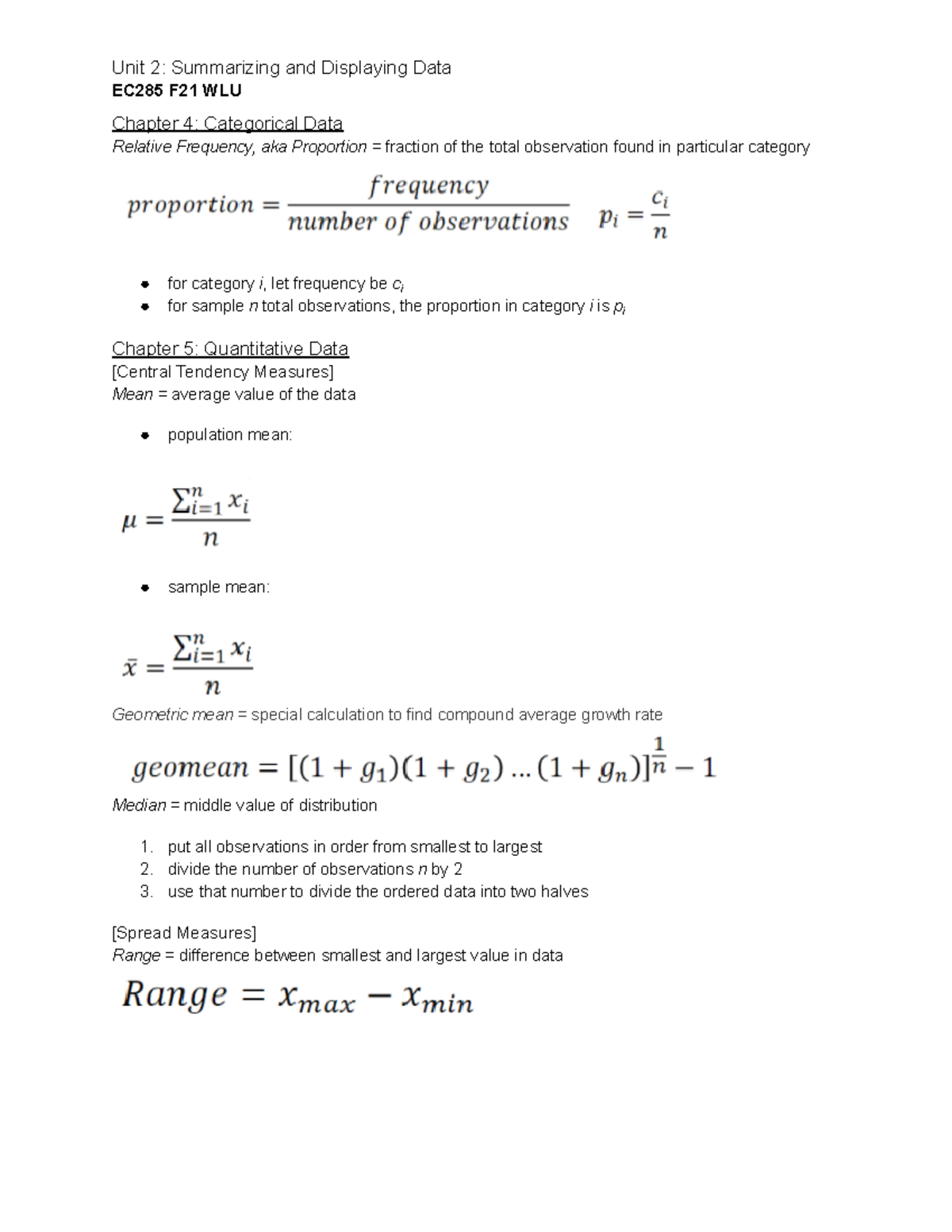 EC285 - Introductory Statistics Calculations Unit 2 - Unit 2 ...