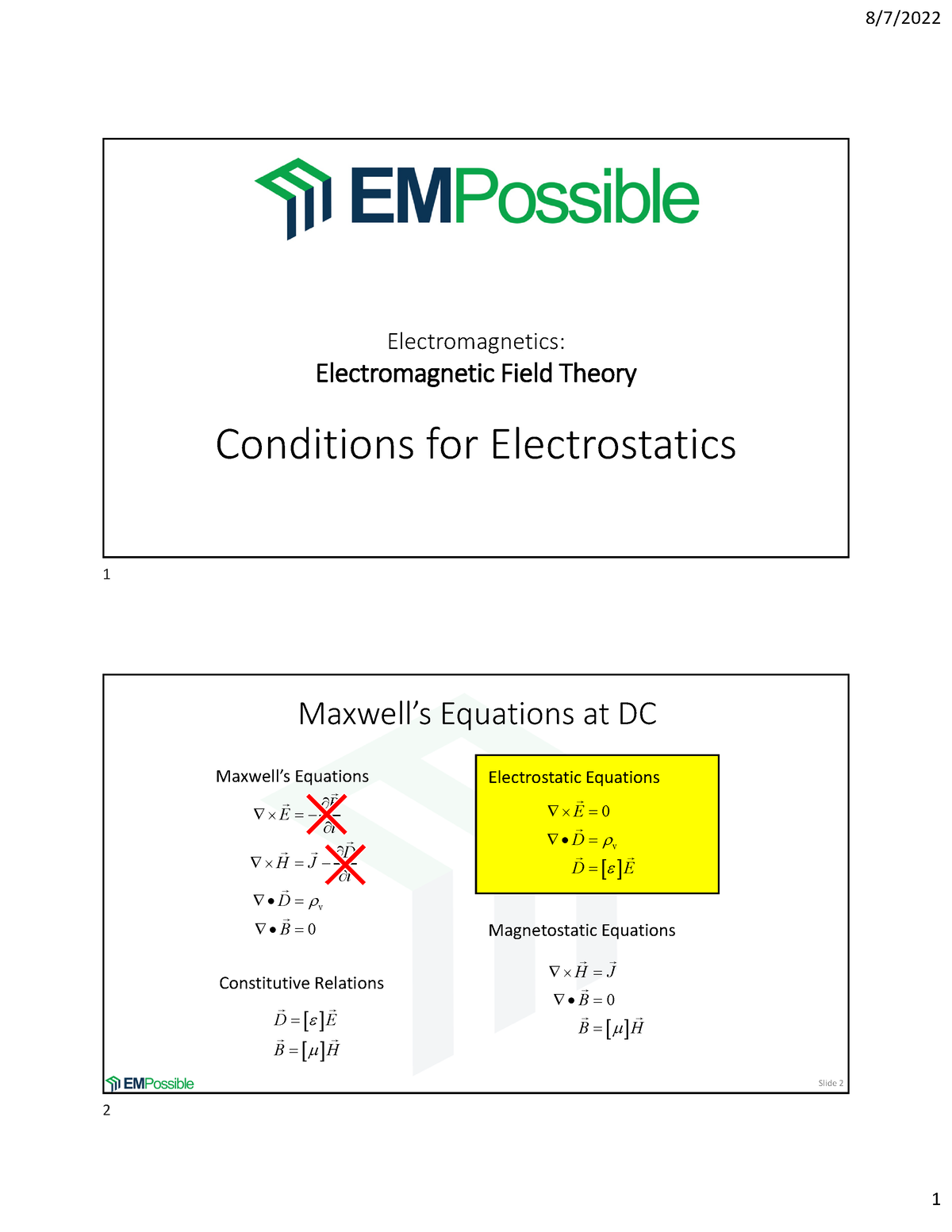 4a Lecture Conditions For Electrostatics 87 1 Electromagnetics