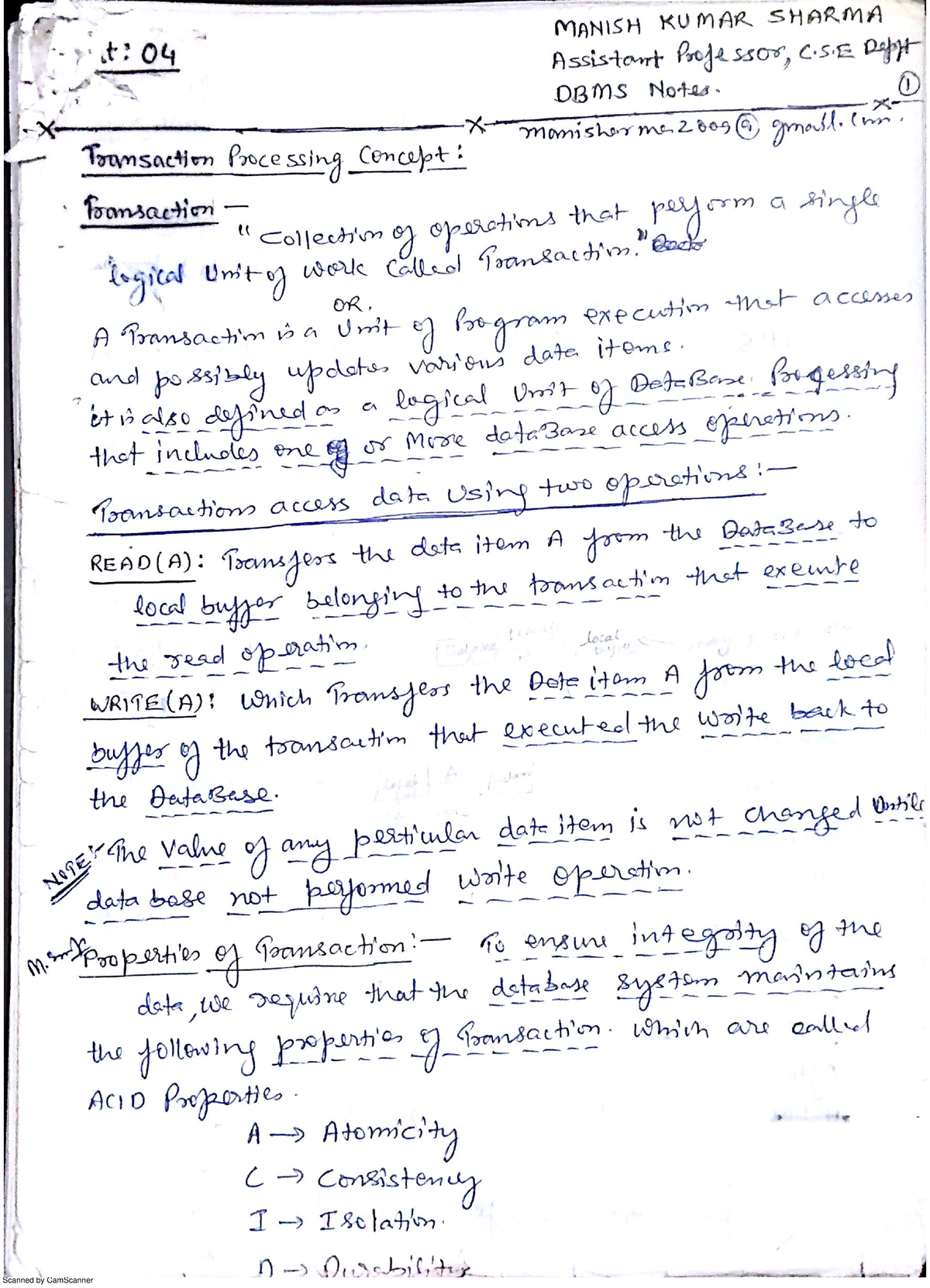 DBMS UNIT 4 Transaction Processing Concept - MANISH KUMAR SHARMA it: 04 ...
