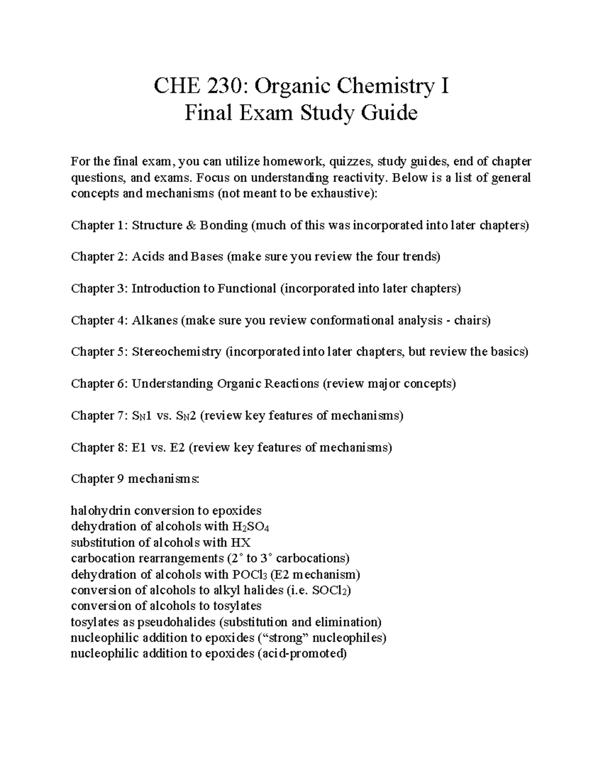 CHE 230 - Study Guide Final Exam - CHE 230: Organic Chemistry I Final ...