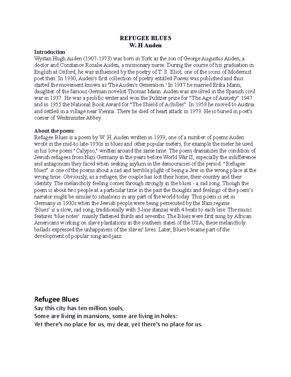 Refugee Blues 1 - Sem 2 - REFUGEE BLUES W. H Auden Introduction Wystan ...