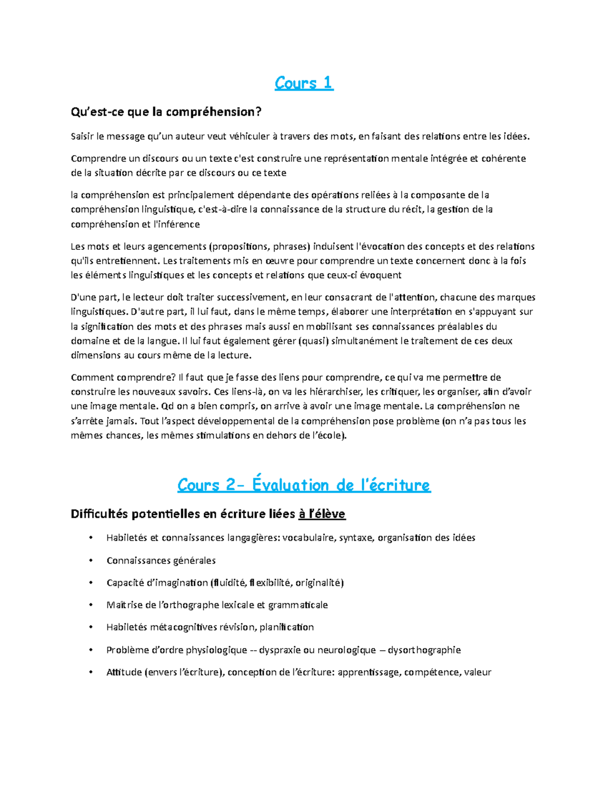 Examen final Cours 1 Qu’estce que la compréhension? Saisir le message qu’un auteur veut