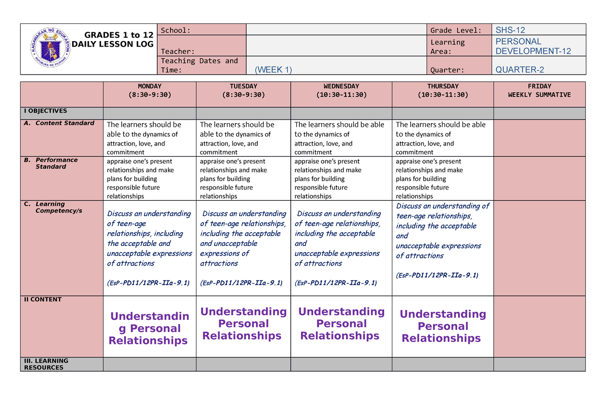 Q2-DLL Perdev-12 M1-WK1- Understanding Personal Relationships - GRADES ...