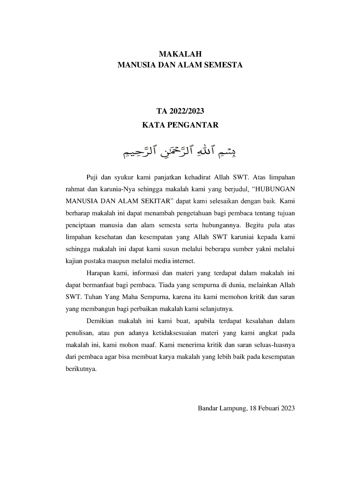 Makalah Manusia Dan Alam Semesta Pai Makalah Manusia Dan Alam Semesta Ta 2022 Kata Pengantar 0002