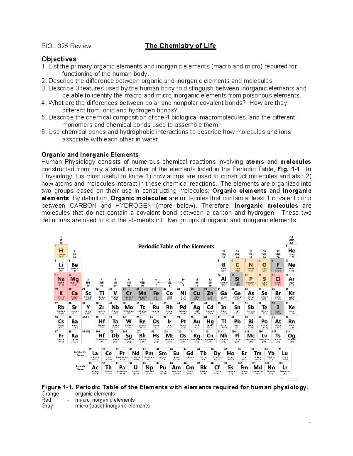 Chemistry Review - BIOL 325 Review The Chemistry of Life Objectives ...