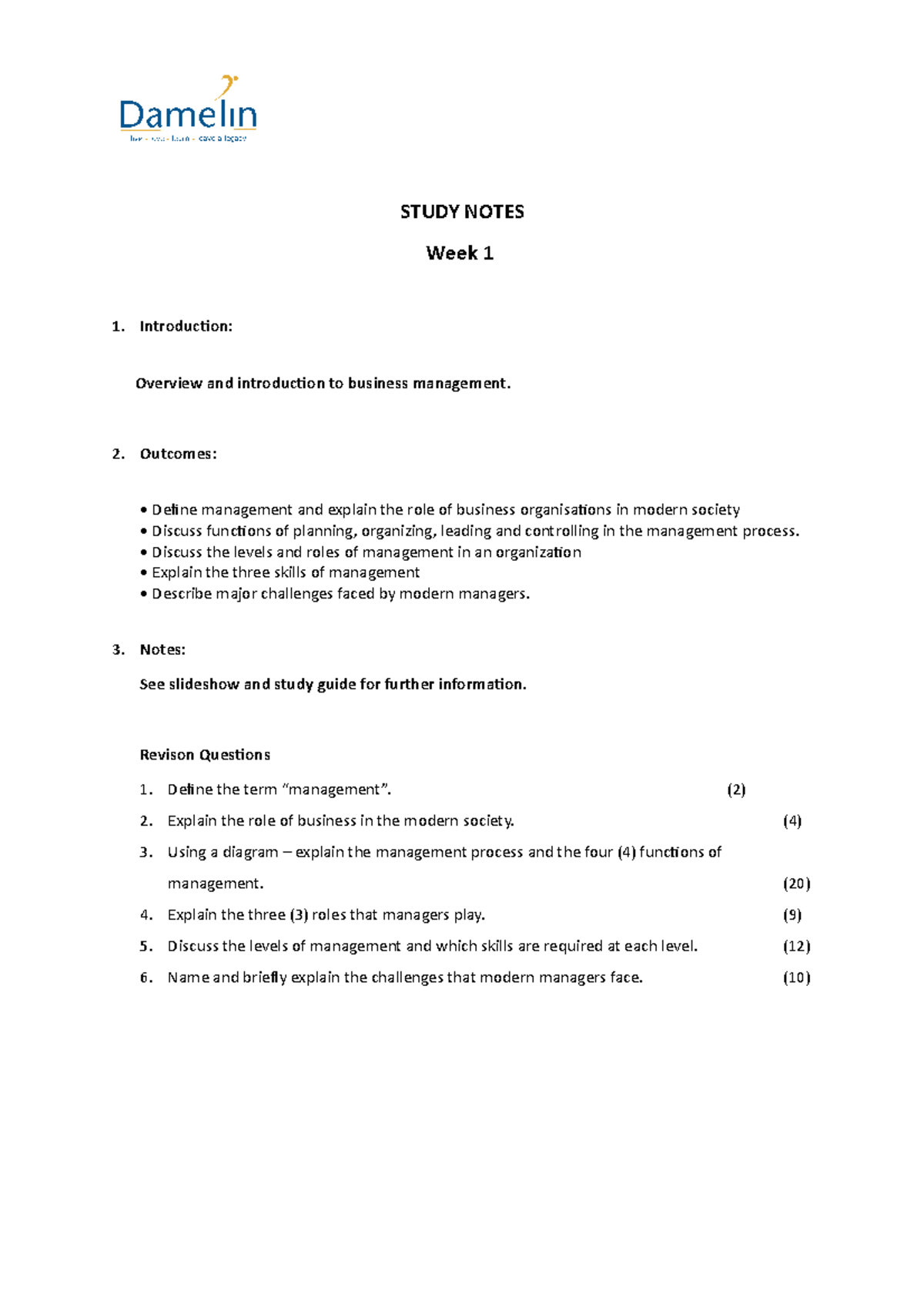 Overview and introduction to business management. - STUDY NOTES Week 1 ...
