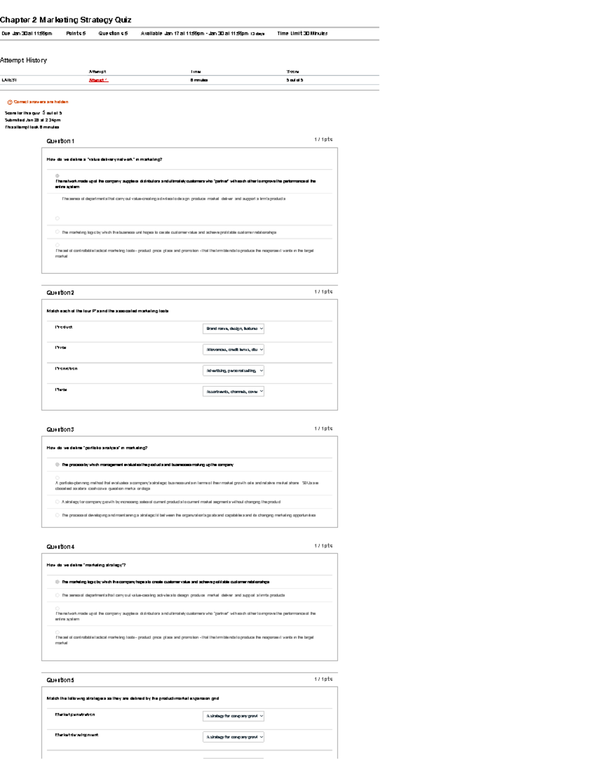 MRKT 341 Chapter 2 Quiz - Chapter 2 Marketing Strategy Quiz Due Jan 30 ...