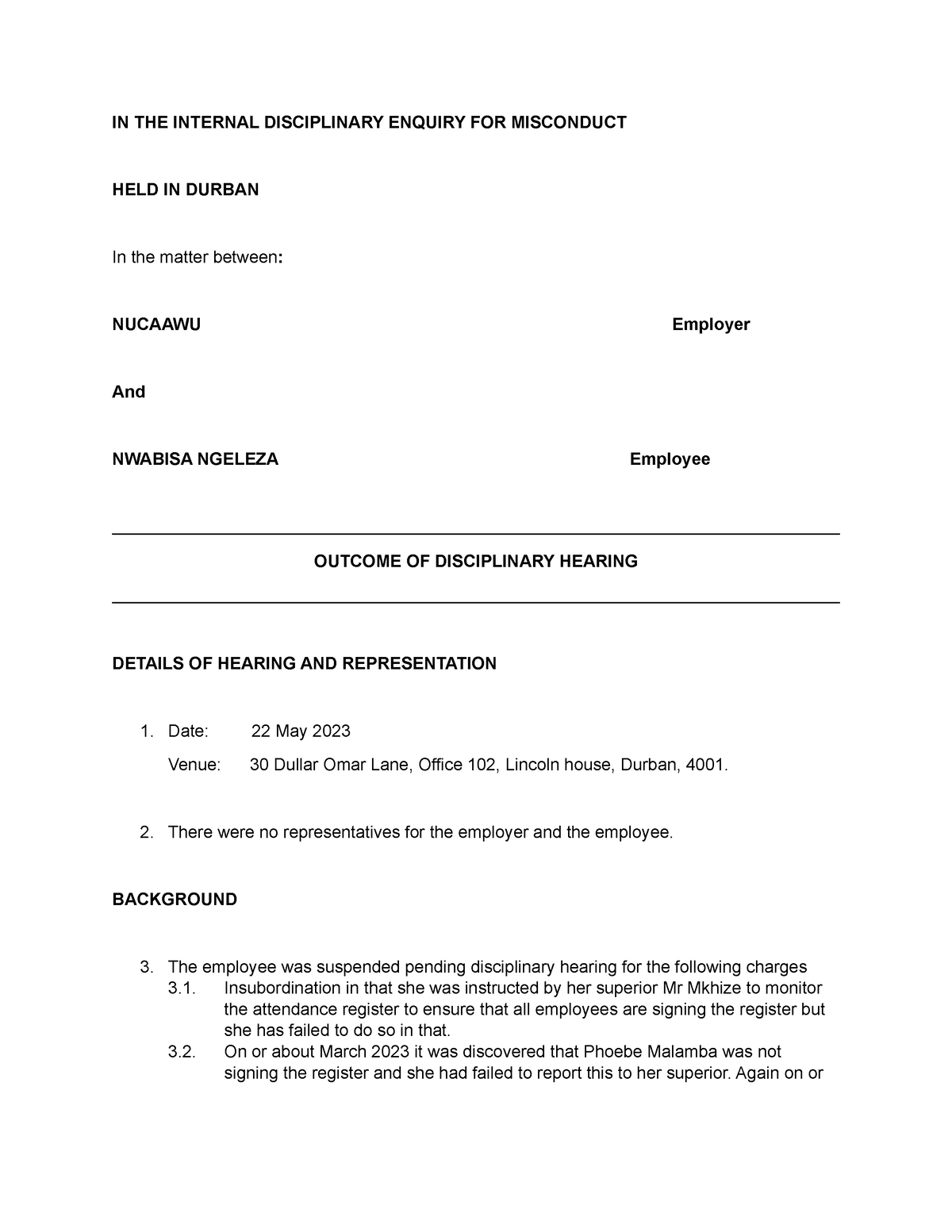 Nucaaw Outcome OF Disciplinary Hearing (002) - IN THE INTERNAL ...