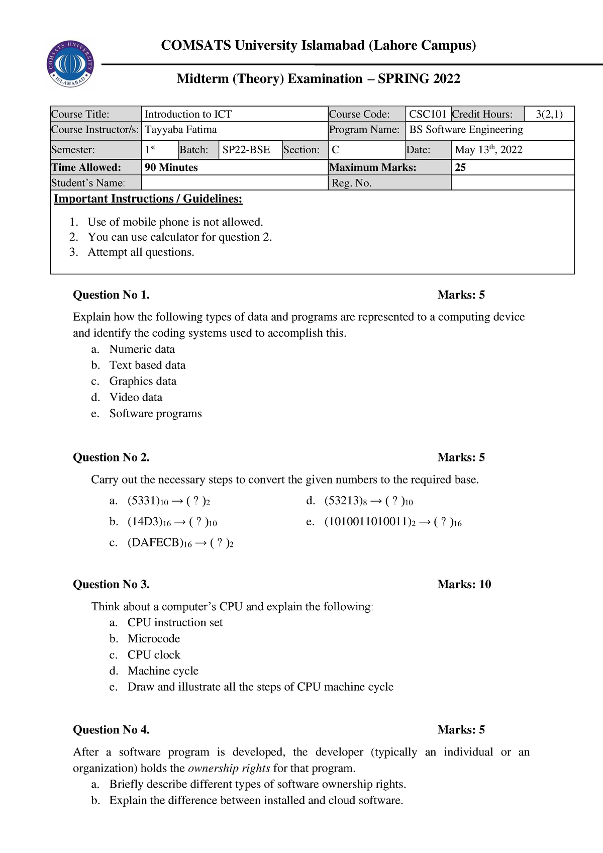 ICT Theory Exam (Mid Term) - COMSATS University Islamabad (Lahore ...