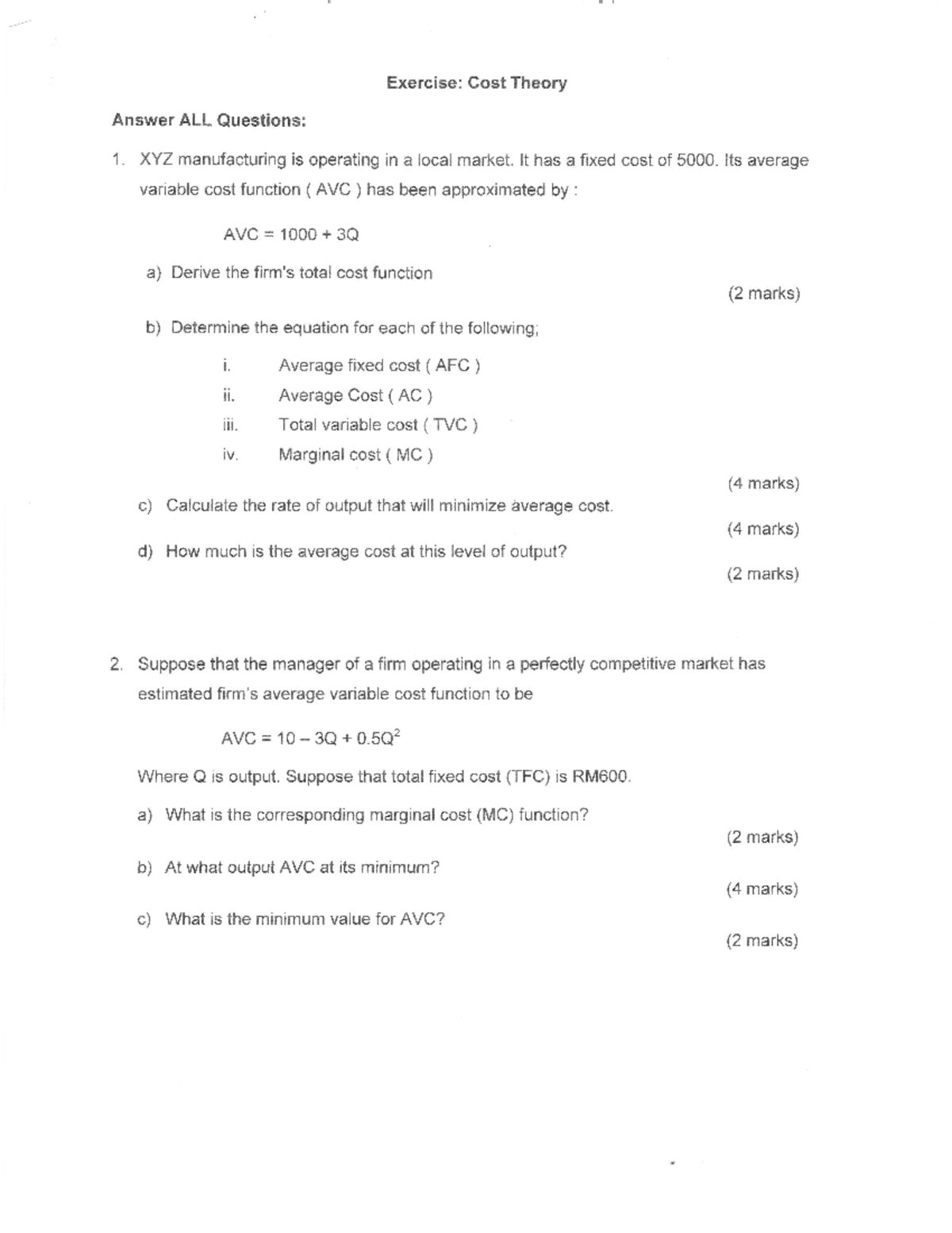 Exercises on Cost Theory Sol - Exercise: Gost Theory Answer ALL ...