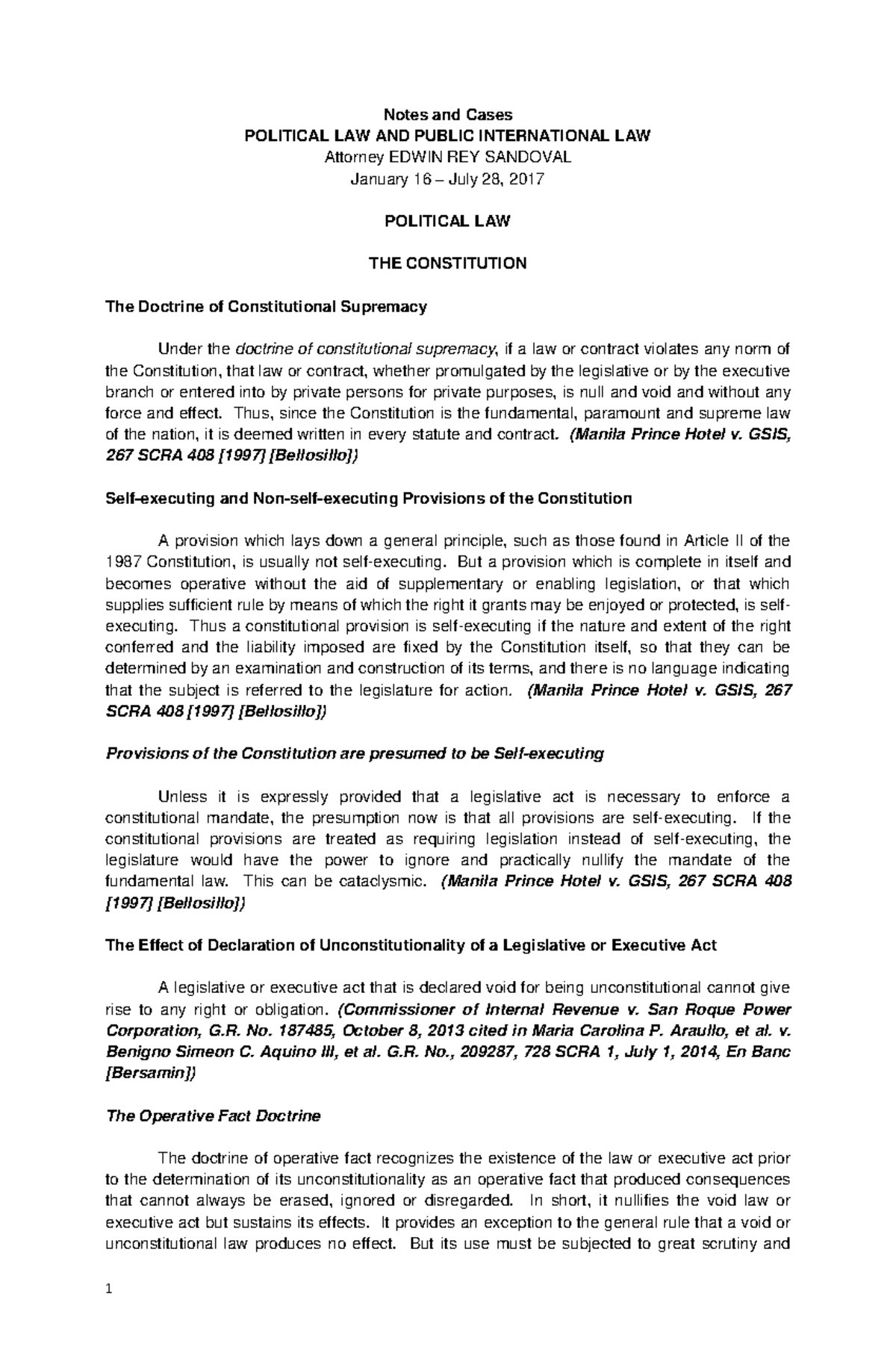 2017 Syllabus POL PIL - Lecture notes 1 - Notes and Cases POLITICAL LAW ...