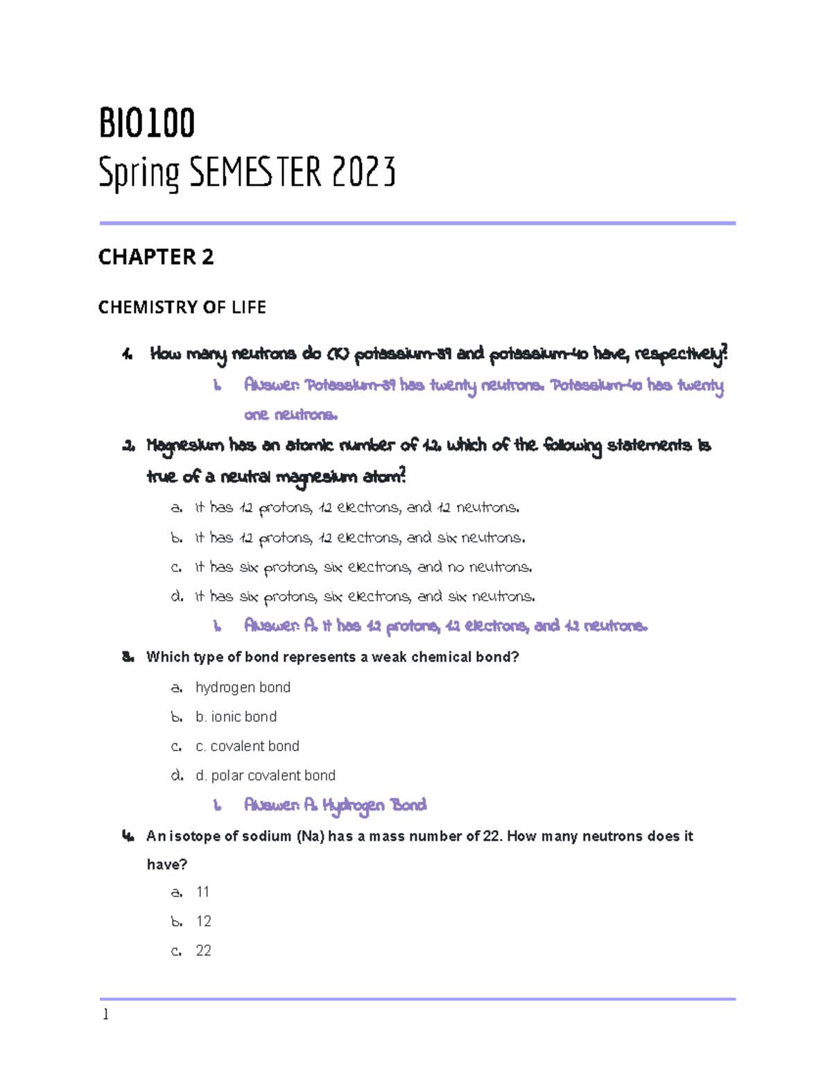 Biology CH2 - BIO Spring SEMTER 2023 CHAPTER 2 CHEMISTRY OF LIFE 1. How ...