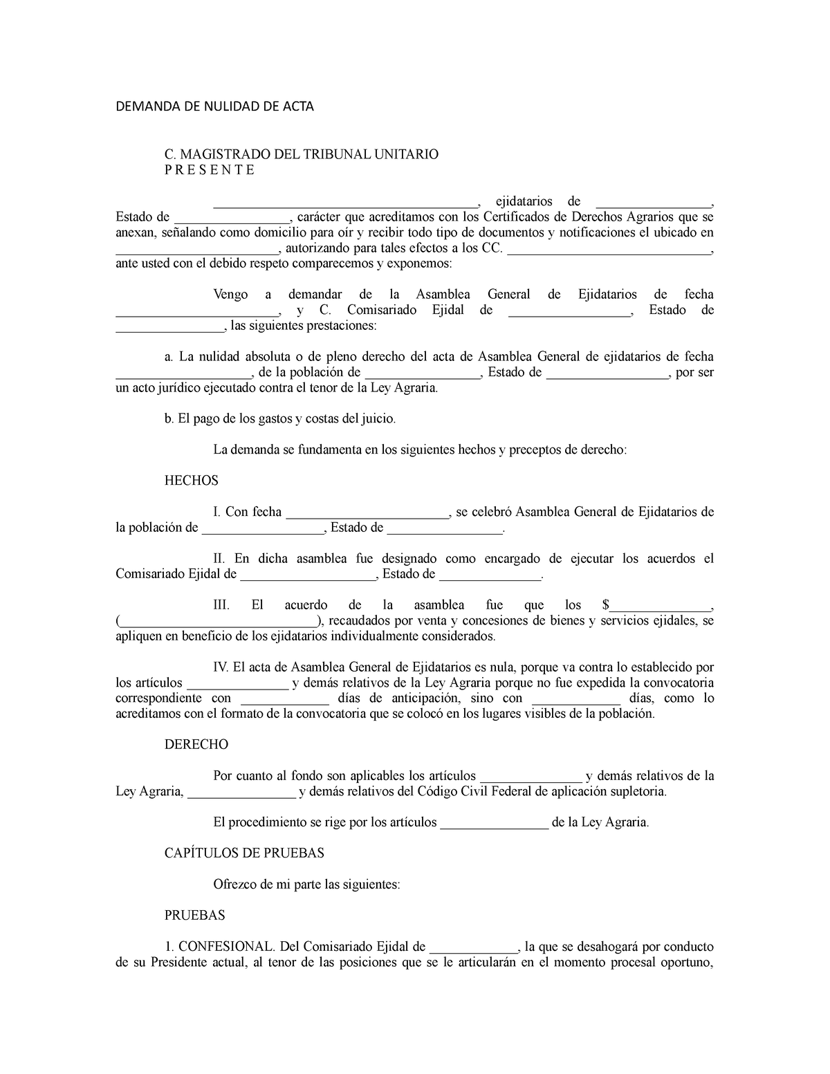 Demanda DE Nulidad DE ACTA - DEMANDA DE NULIDAD DE ACTA C. MAGISTRADO DEL  TRIBUNAL UNITARIO PRESENTE - Studocu