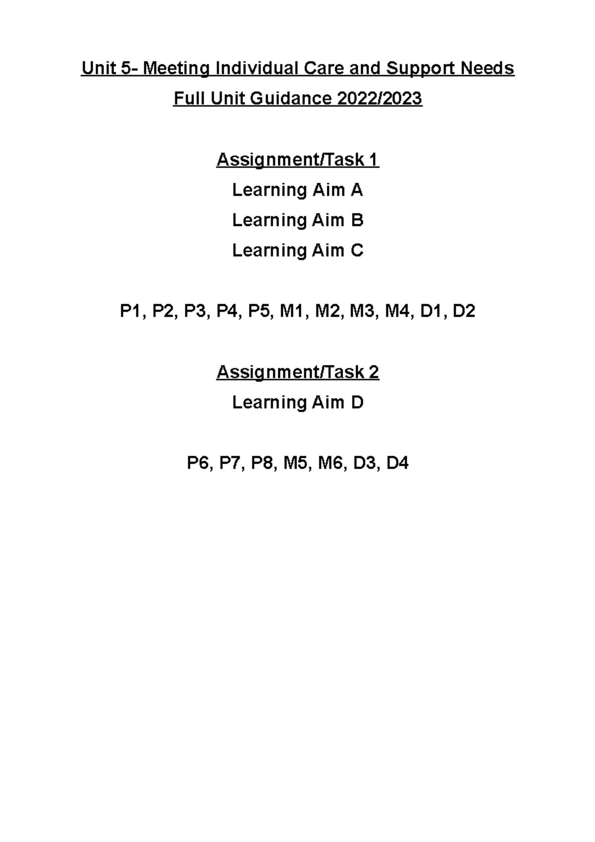 Full Unit 5 Assisgnment Guidance - Unit 5- Meeting Individual Care And ...