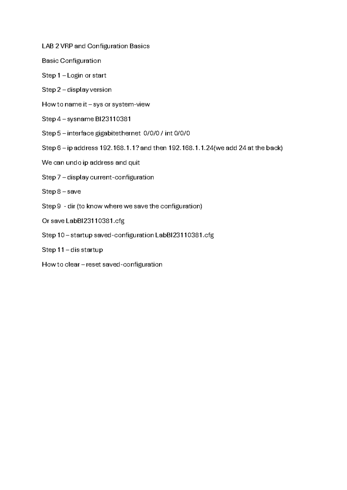 Study LAB TEST 1 NEt Working - LAB 2 VRP and Configuration Basics Basic ...