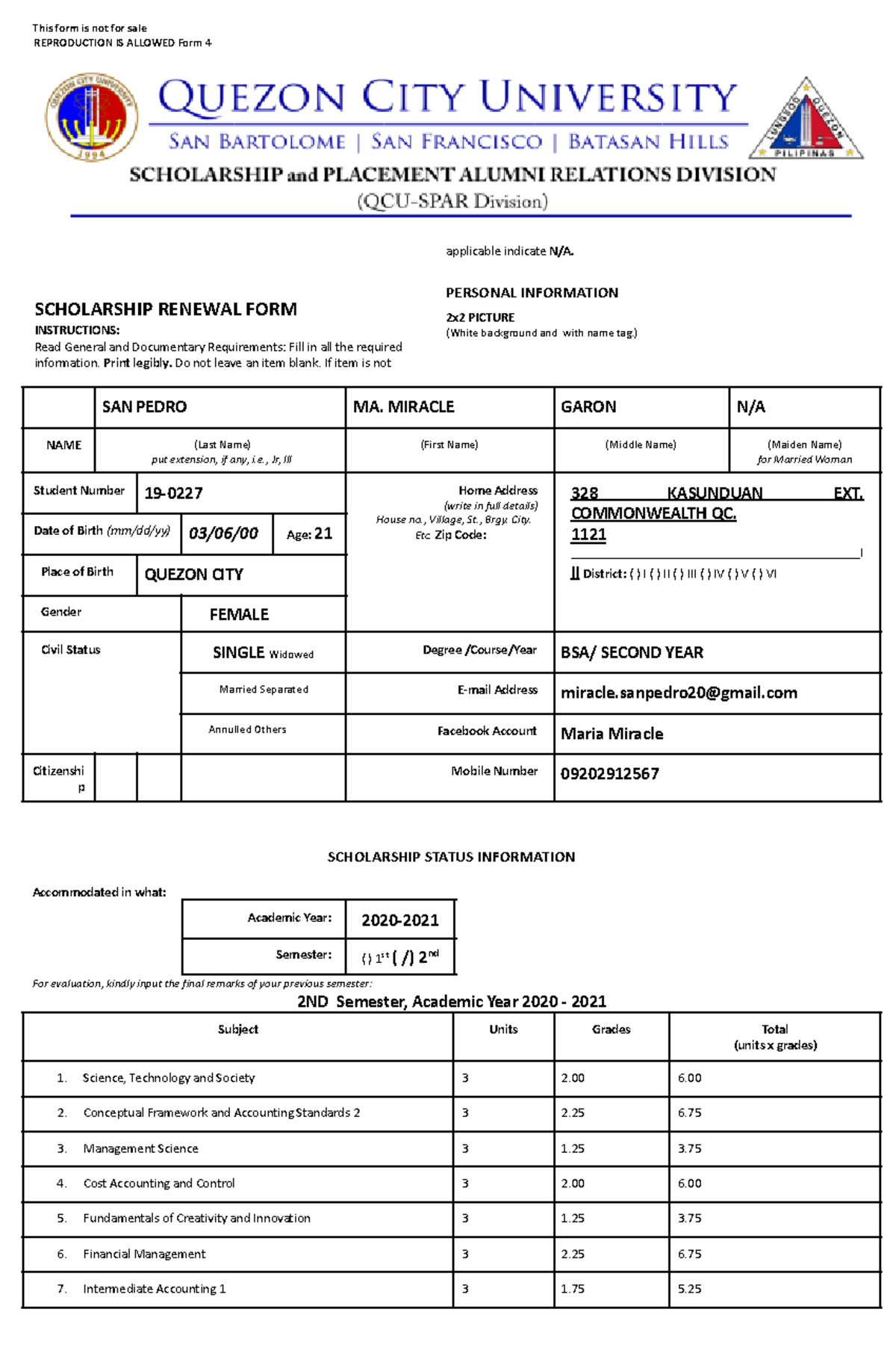 Scholarship Renewal Form 4 - This form is not for saleREPRODUCTION IS ...