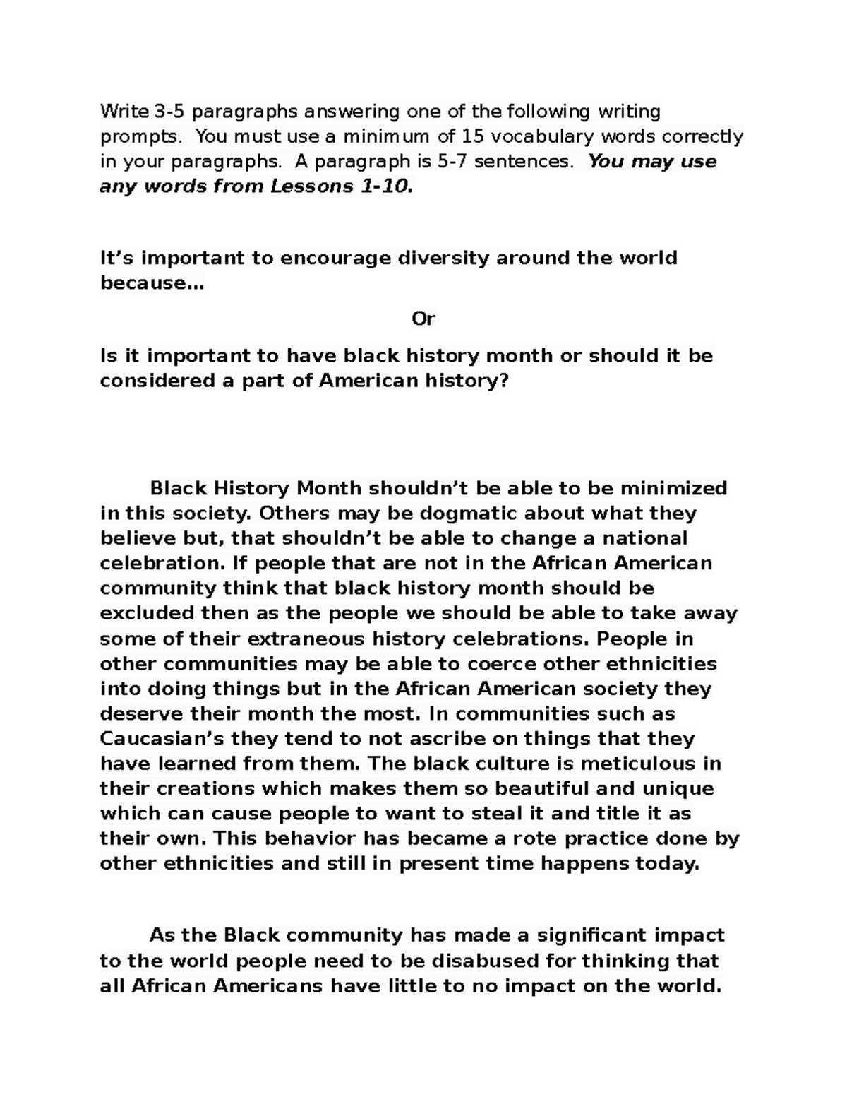 Black History Writing - Write 3-5 paragraphs answering one of the ...
