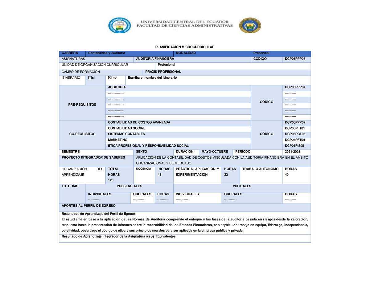 Sílabo Auditoría Financiera - PLANIFICACIÓN MICROCURRICULAR CARRERA ...