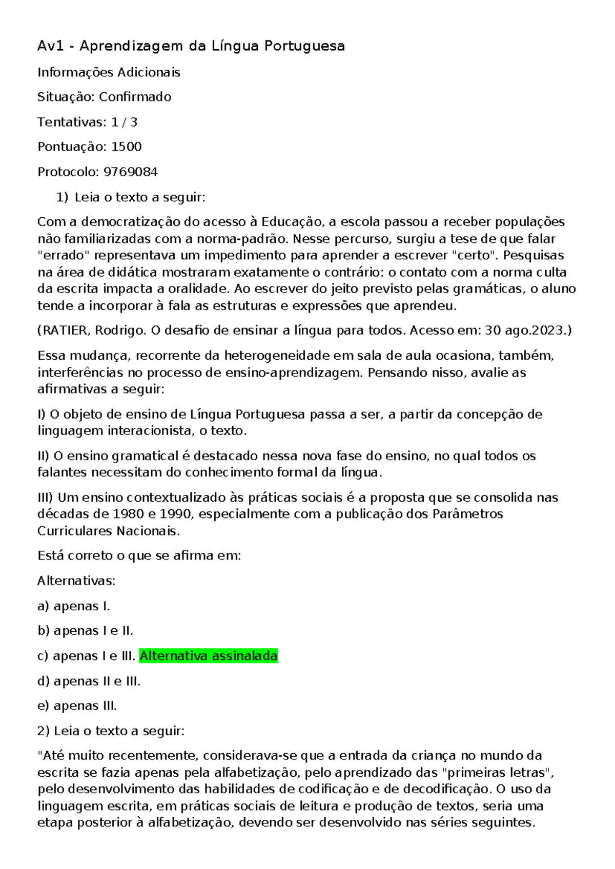 AV1- Aprendizagem DA Línga Portuguesa - Av1 - Aprendizagem Da Língua ...