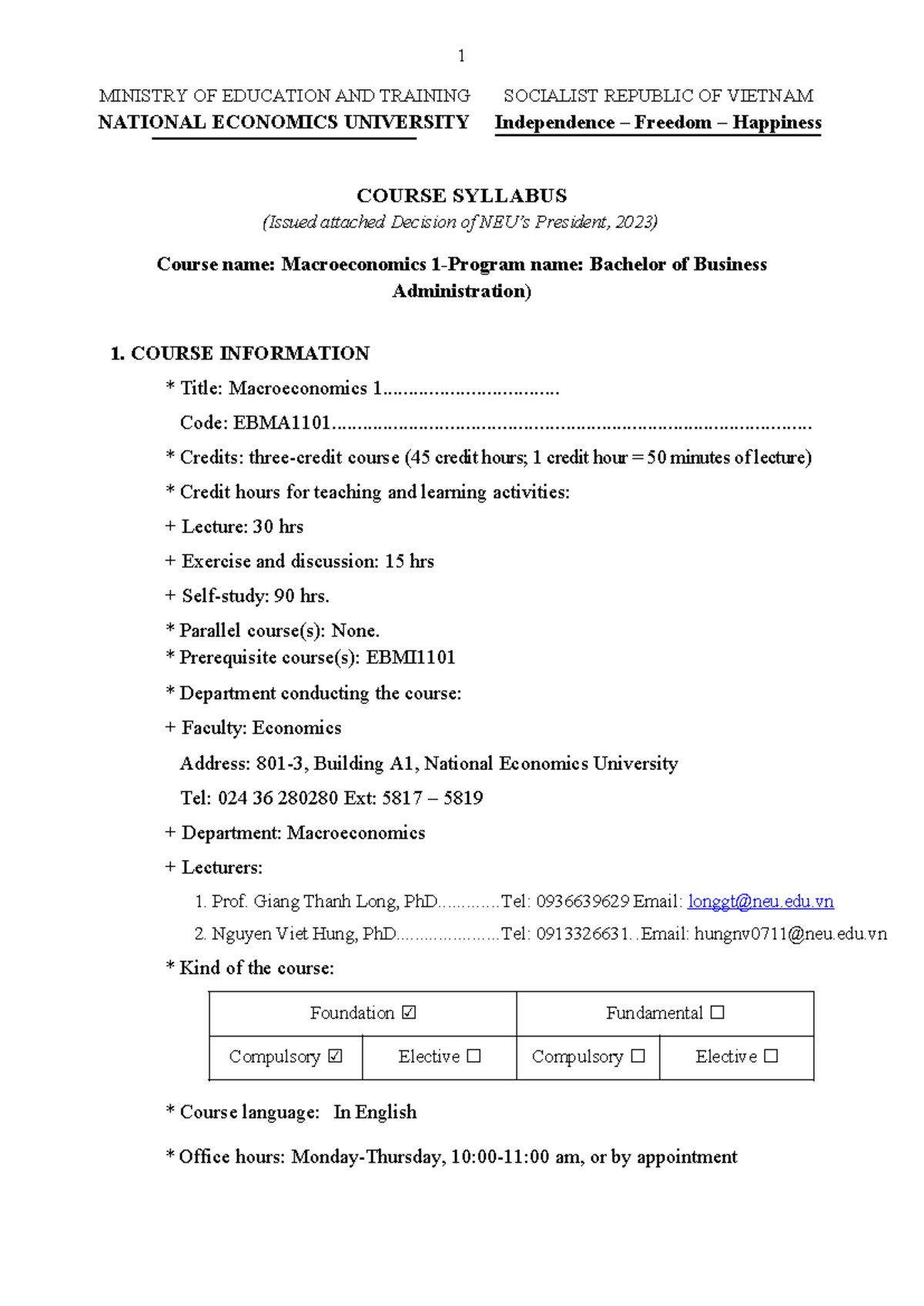 1-EBMA1101 Macroeconomics 1 BA syllabus 2023 - MINISTRY OF EDUCATION ...
