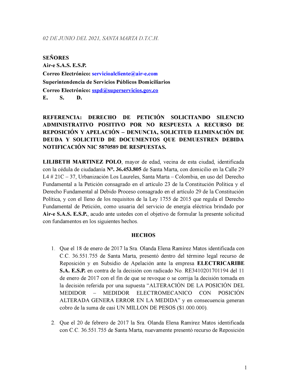 Derecho de Petición Lilibeth Martinez Vs Air-e . . y Super  Servicios docx - 02 DE JUNIO - Studocu