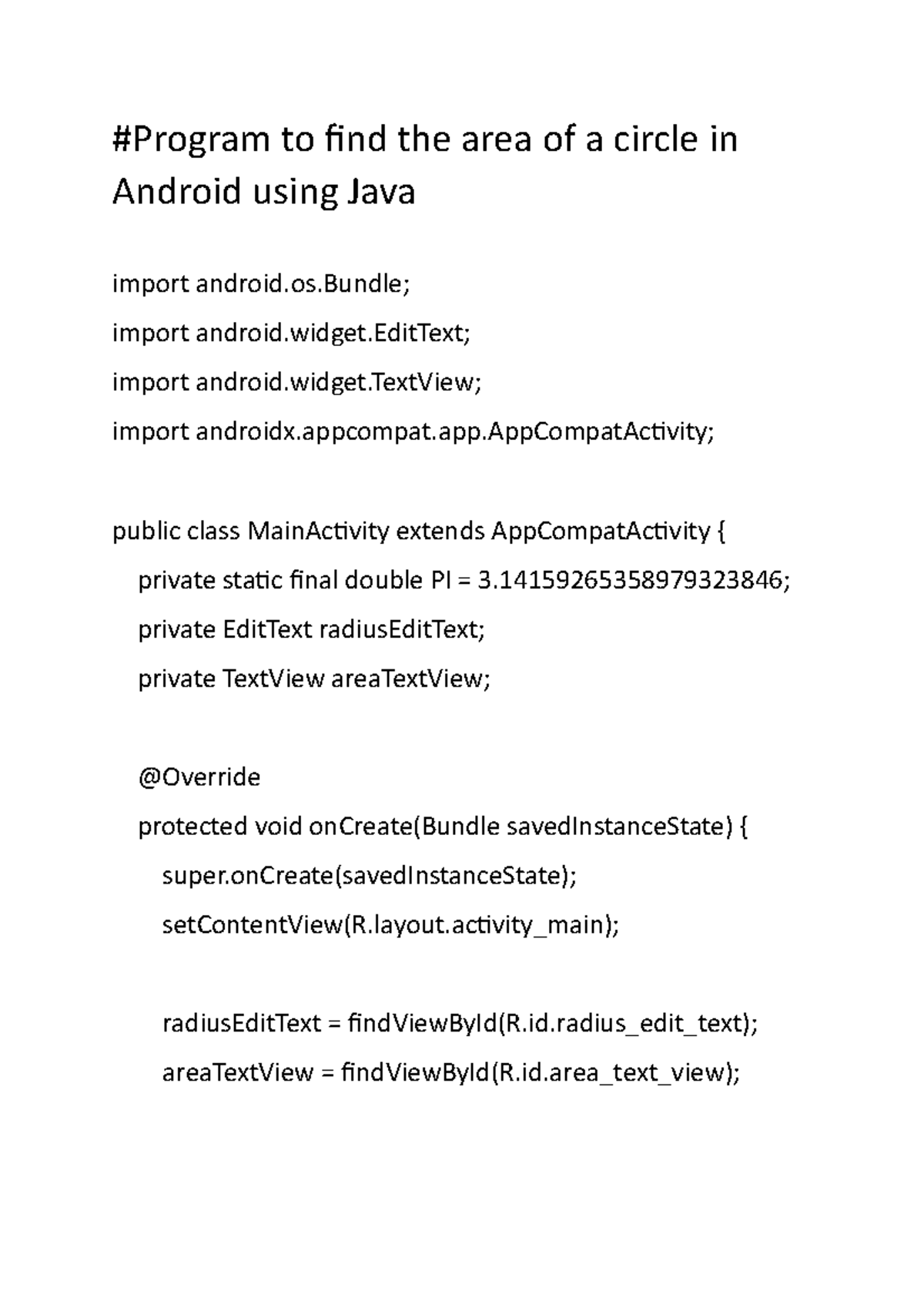 Circle Area Android Using Java Program To Find The Area Of A Circle