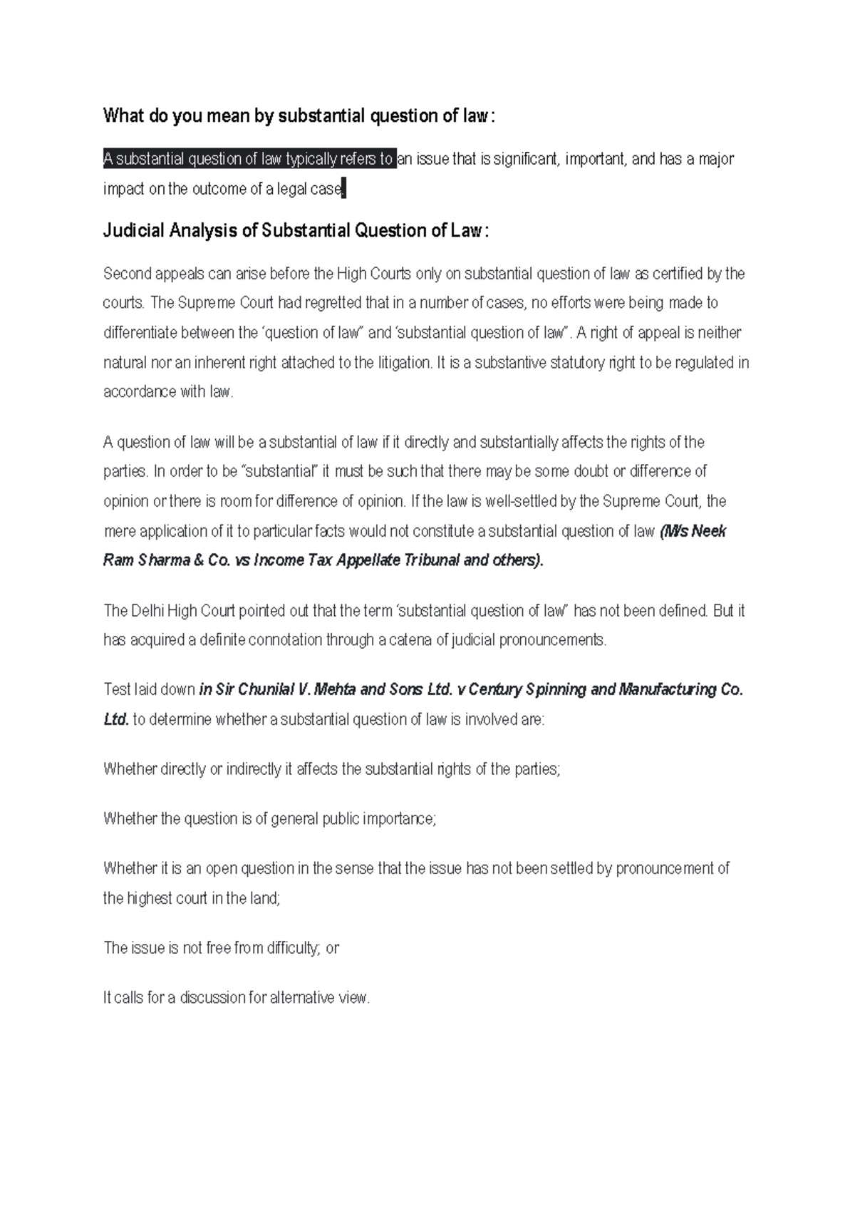 What do you mean by substantial question of law - Judicial Analysis of ...