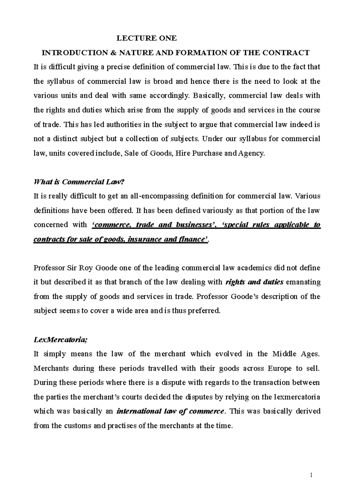 Commercial Law Lecture Notes-converted - 1 LECTURE ONE INTRODUCTION ...