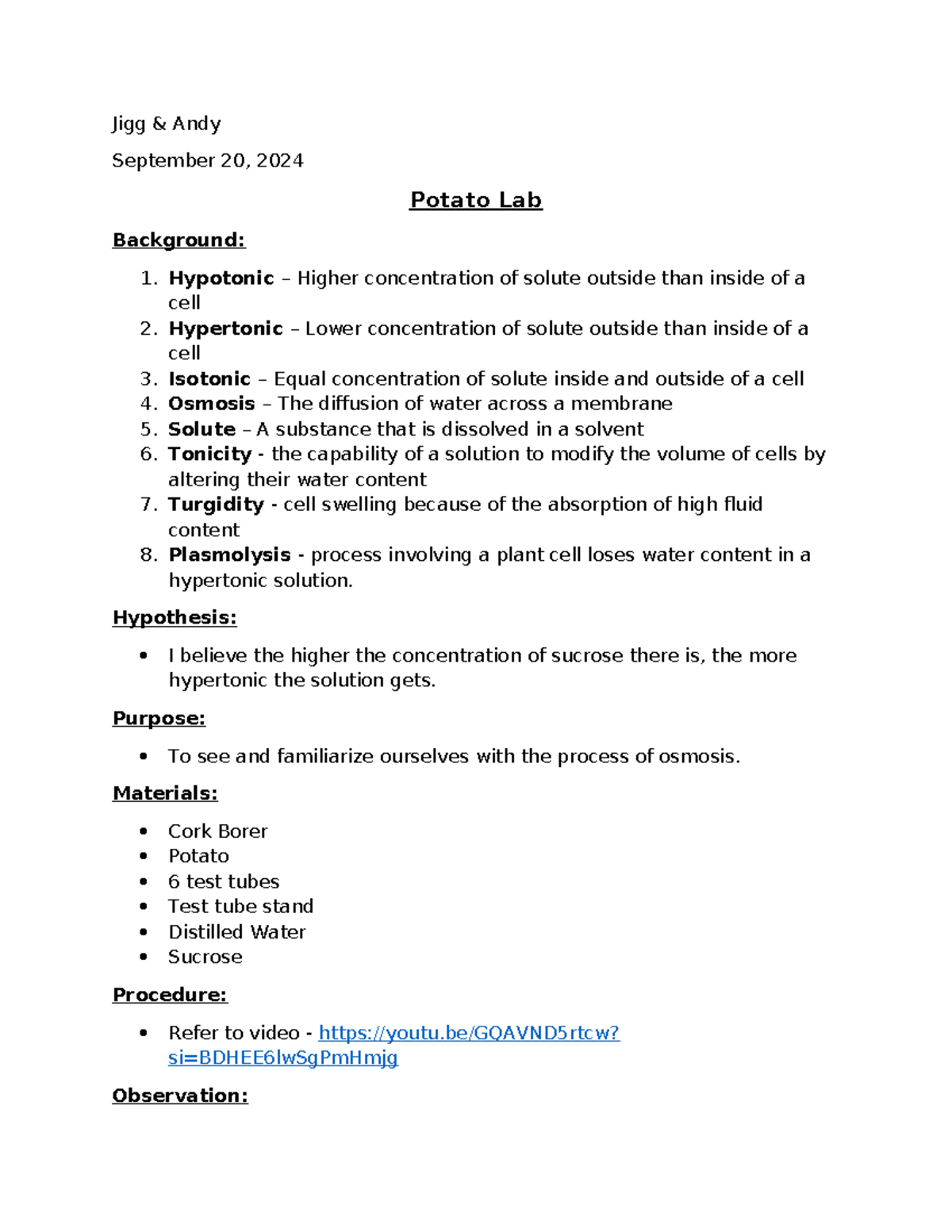 Potato Lab - Quick lab on osmosis - Jigg & Andy September 20, 2024 ...