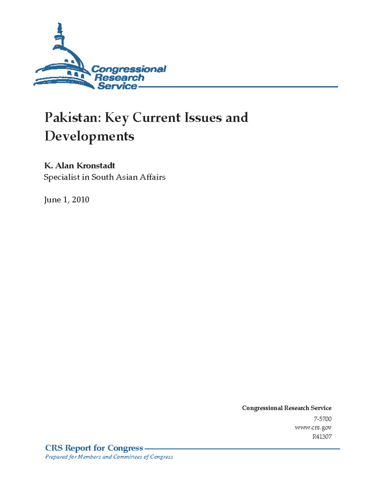 Pakistan Key Current Issues and - CRS Report for Congress Prepared for ...