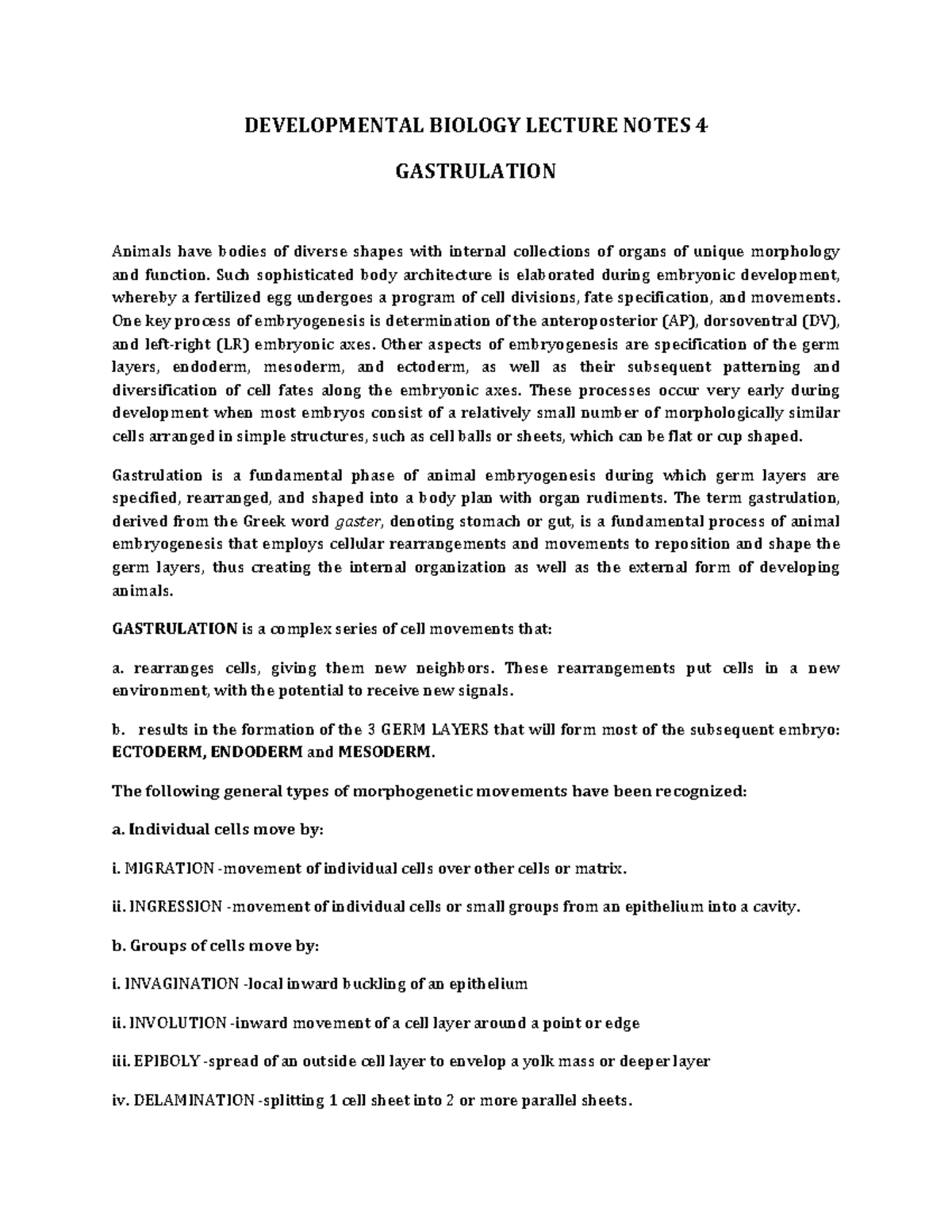 Notes- Gastrulalation - DEVELOPMENTAL BIOLOGY LECTURE NOTES 4 ...