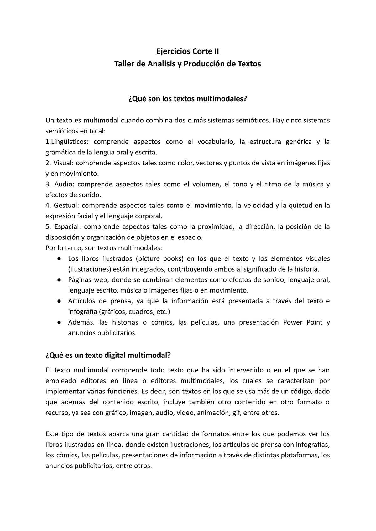 Textos Multimodales 1 Ejercicios Corte Ii Taller De Analisis Y Producción De Textos ¿qué Son 0217