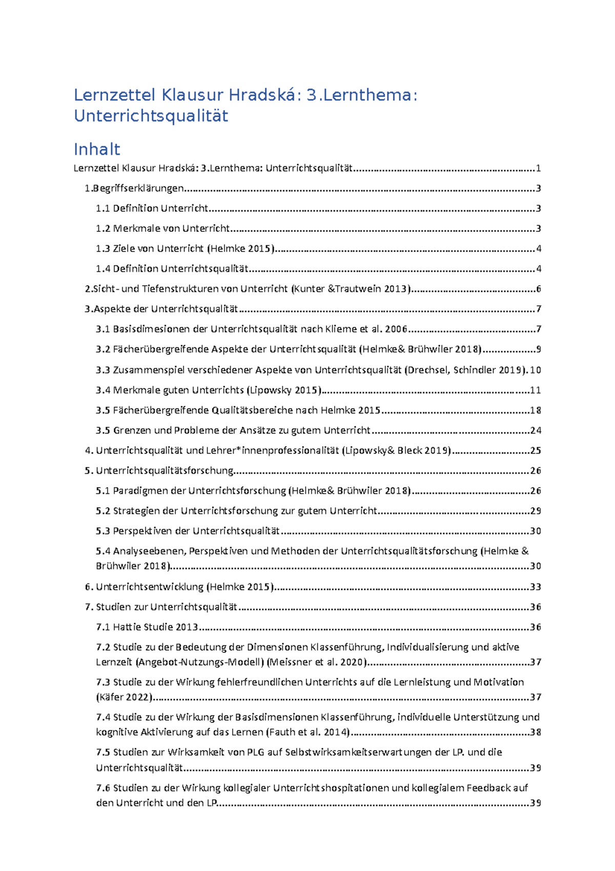 Lernzettel Examen Unterrichtsqualität - Lernzettel Klausur Hradská: 3 ...