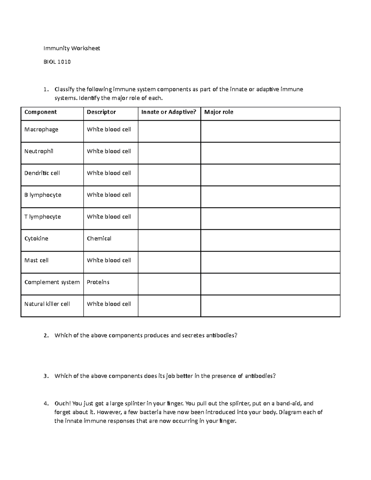 Immunity Worksheet - Immunity Worksheet BIOL 1010 Classify the ...