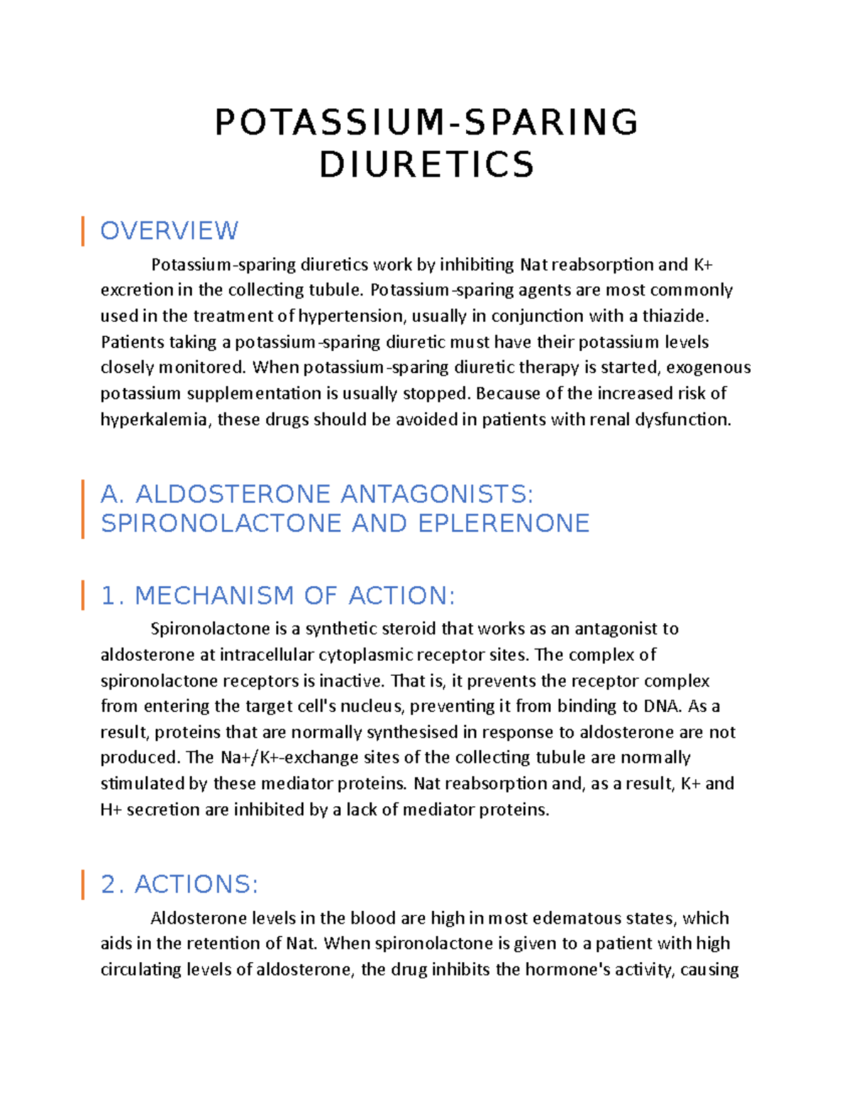 Potassium Sparing Diuretics POTASSIUMSPARING DIURETICS OVERVIEW