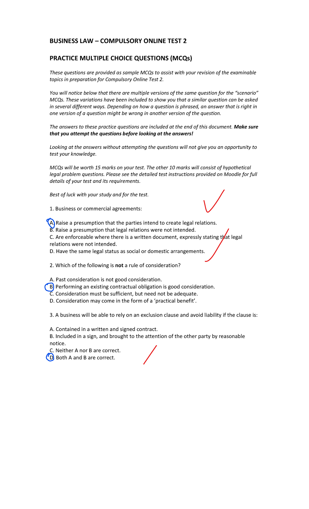 Practice test 2 MC q's - BUSINESS LAW 3 COMPULSORY ONLINE TEST 2 ...